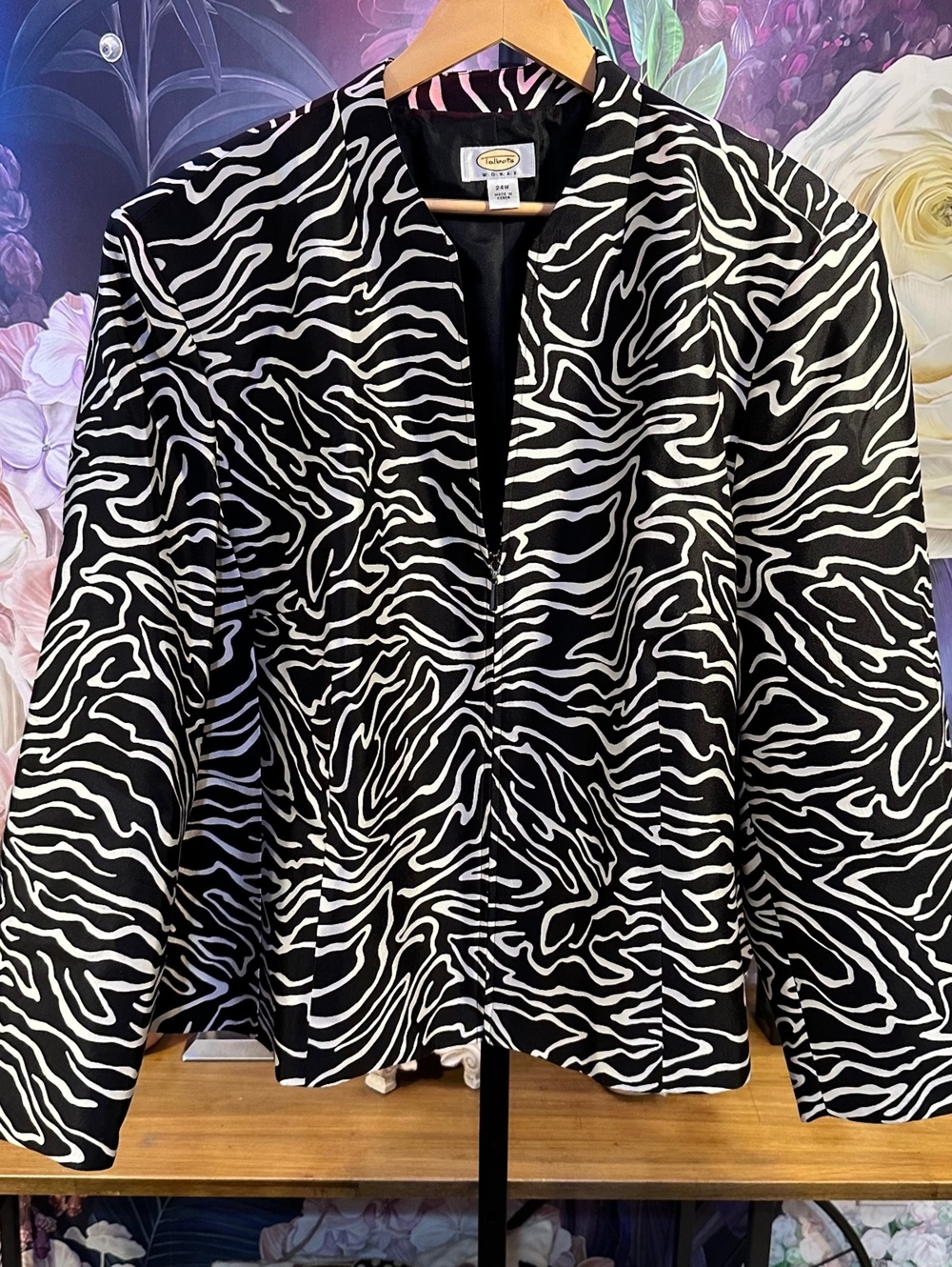 Talbots 24W Jacket Zebra Print Stretch Silk Wool Blend Zip Front Black White